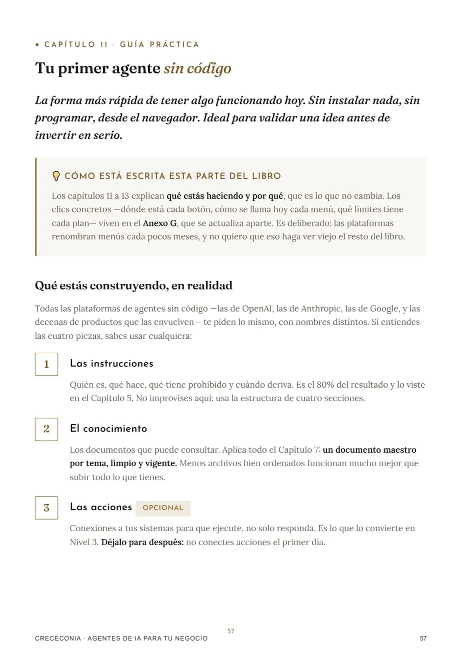 Página real de la guía para crear un agente sin código